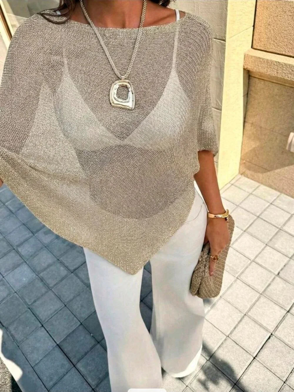 FOR BEAUTY ✦ Shiny Asymmetric Knit Top ✦ Gold Ribbed Lightweight Loose Fit M - Picture 7 of 9